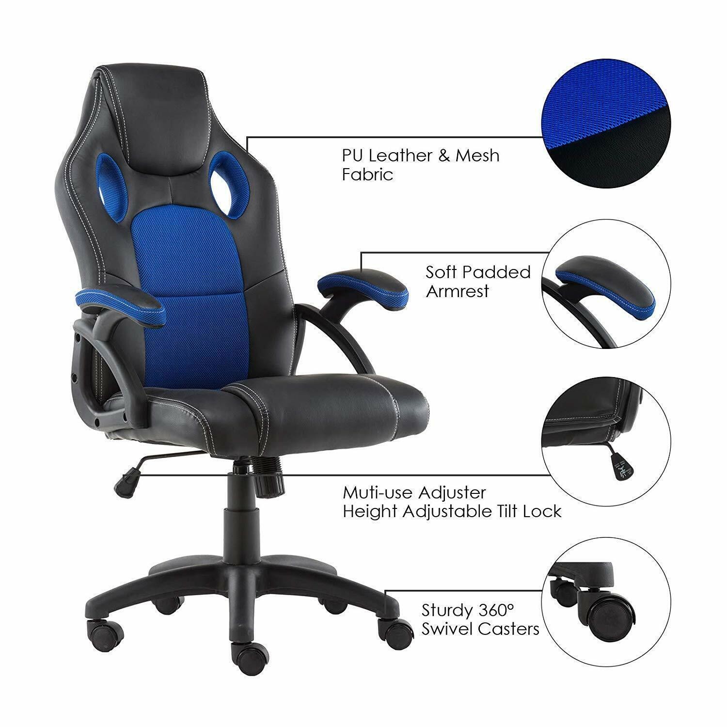 RACING GAMING OFFICE CHAIR EXECUTIVE LUMBAR SUPPORT SWIVEL PU LEATHER COMPUTER